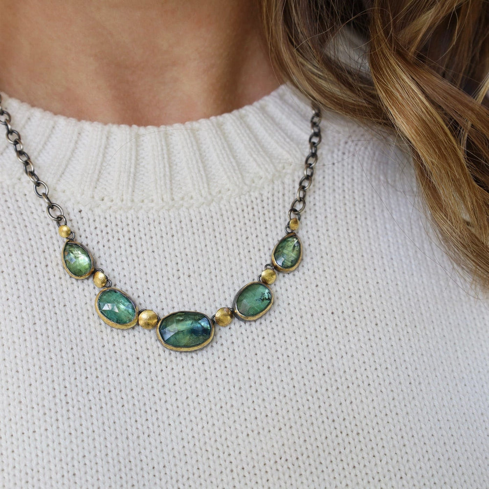 
                      
                        NKL Five Crescent Rim Necklace with Green Kyanite
                      
                    