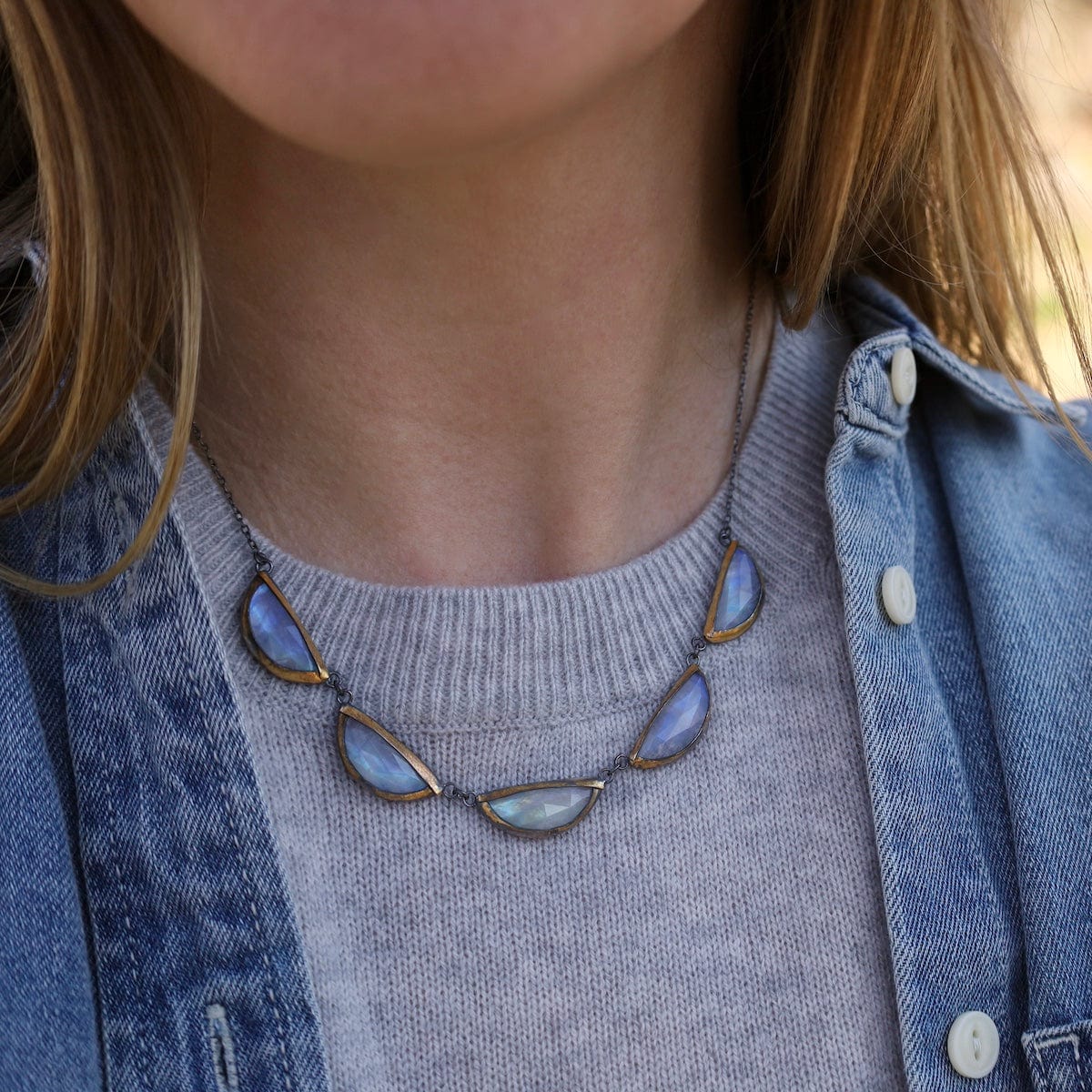 NKL Folded Triple Crescent Necklace in Moonstone