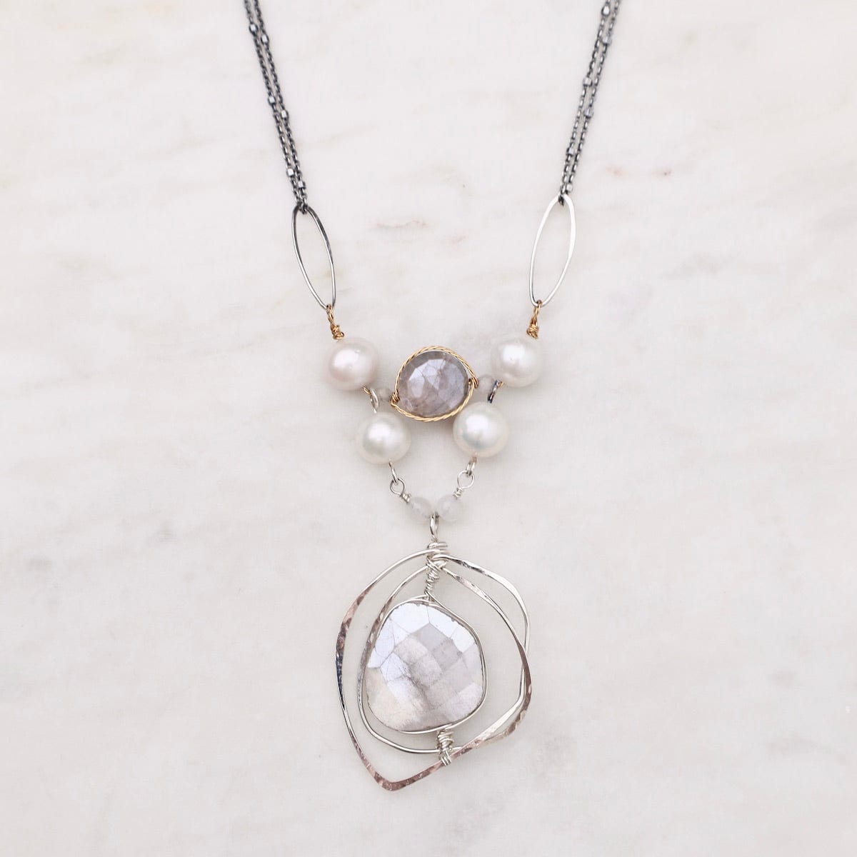 NKL Freshwater Pearl and Grey Moonstone Woven Necklace