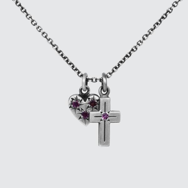 NKL Garnet Small Heart and Cross Charm Necklace