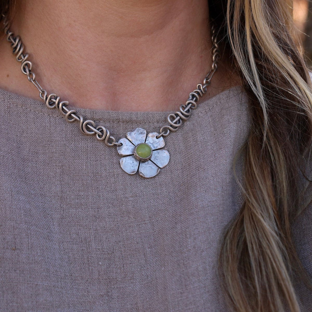 
                      
                        NKL Gaspeite Flower Necklace with Wrapped Vine Sides -
                      
                    