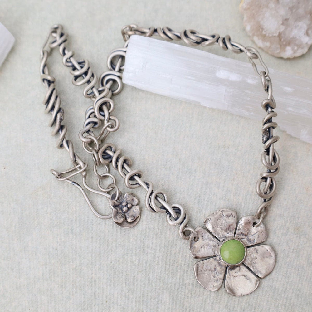 
                      
                        NKL Gaspeite Flower Necklace with Wrapped Vine Sides - Matte Finish
                      
                    