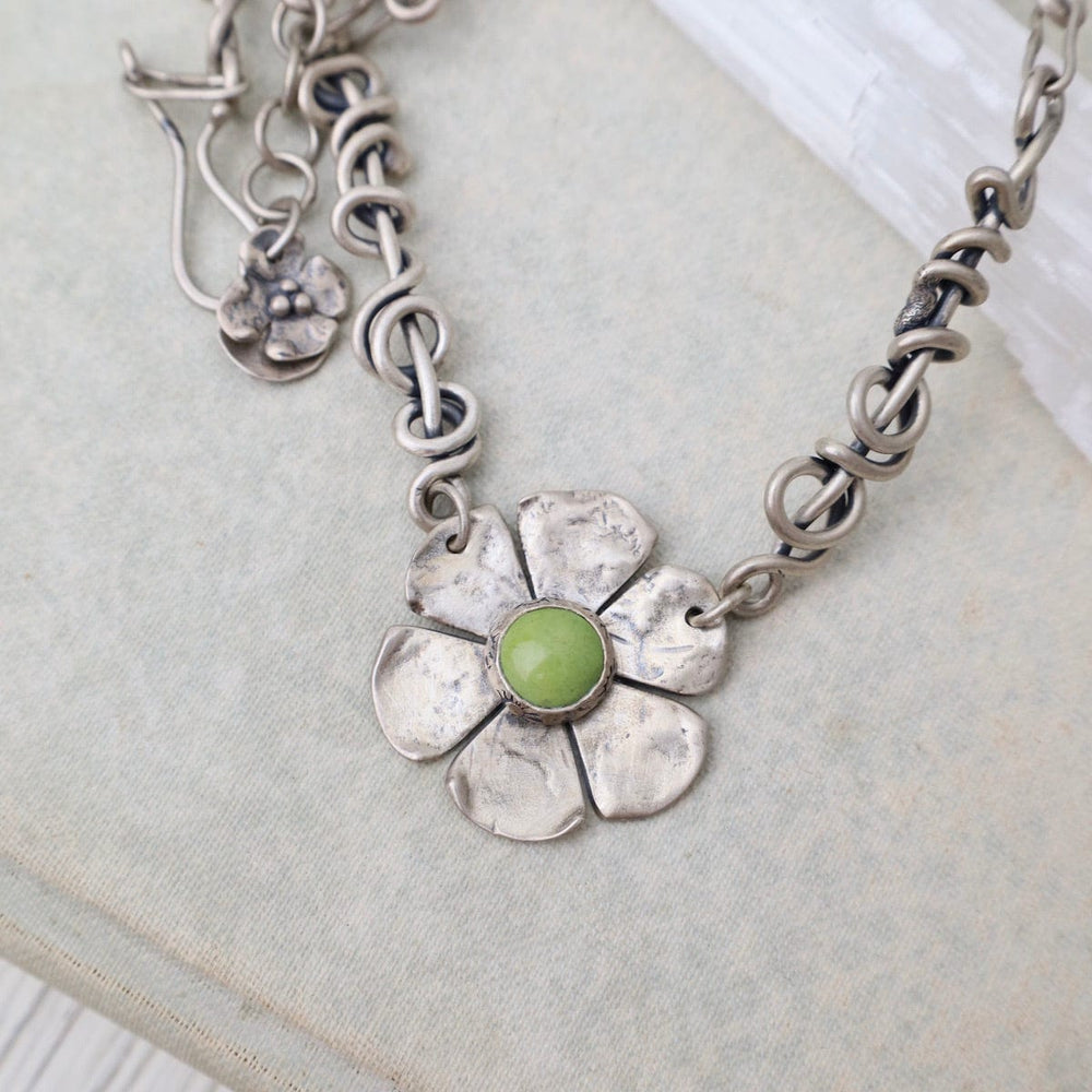 
                      
                        NKL Gaspeite Flower Necklace with Wrapped Vine Sides - Matte Finish
                      
                    