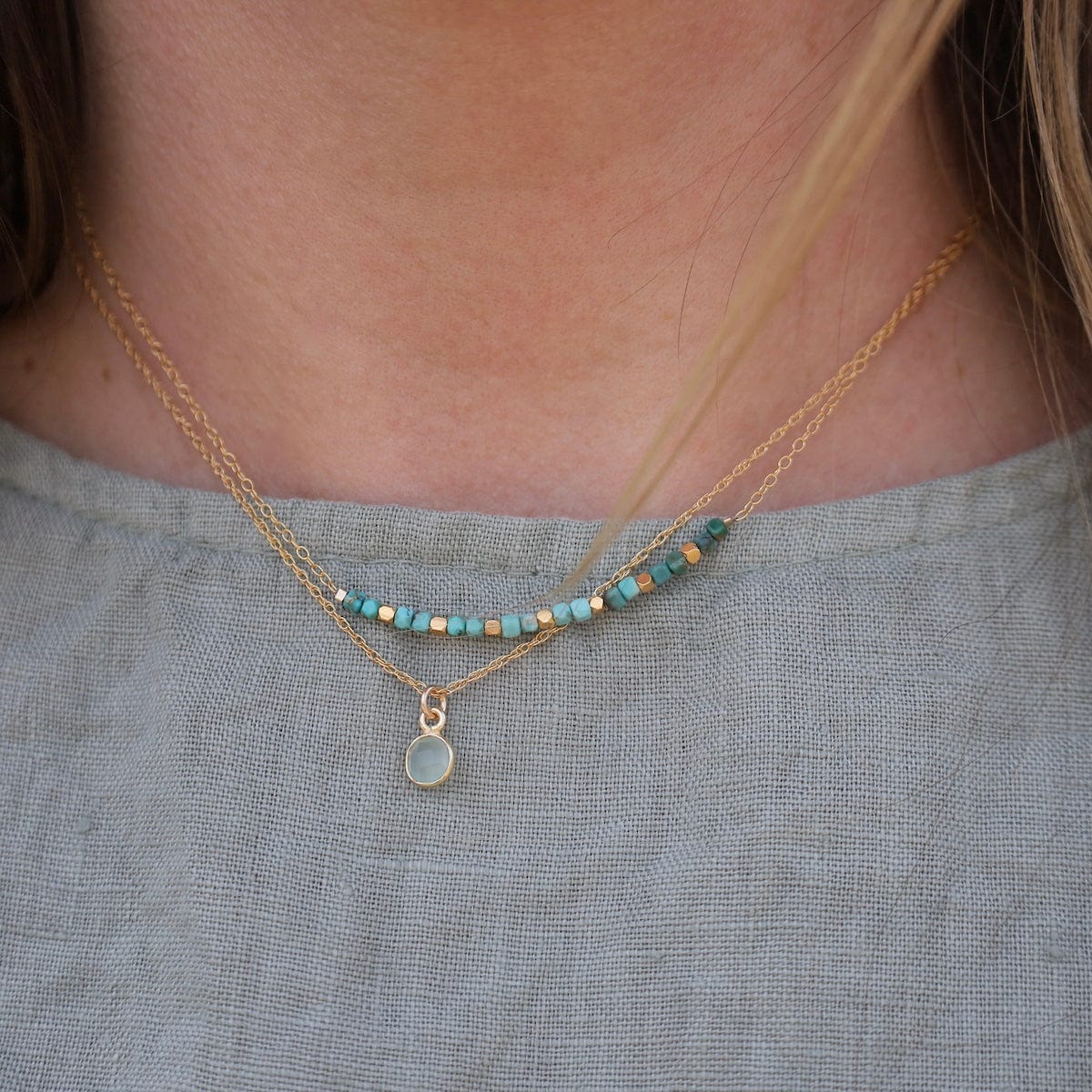 NKL-GF 14k Gold Filled Chain with 6mm Bezel-Set Aqua Blue Chalcedony