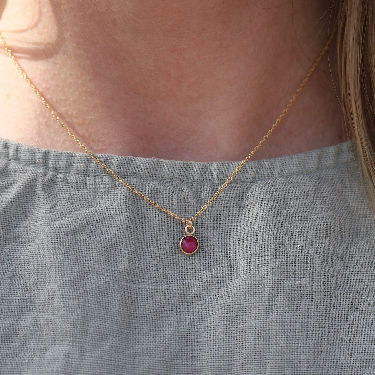 NKL-GF 14k Gold Filled Chain with 6mm Bezel-Set Dyed Ruby