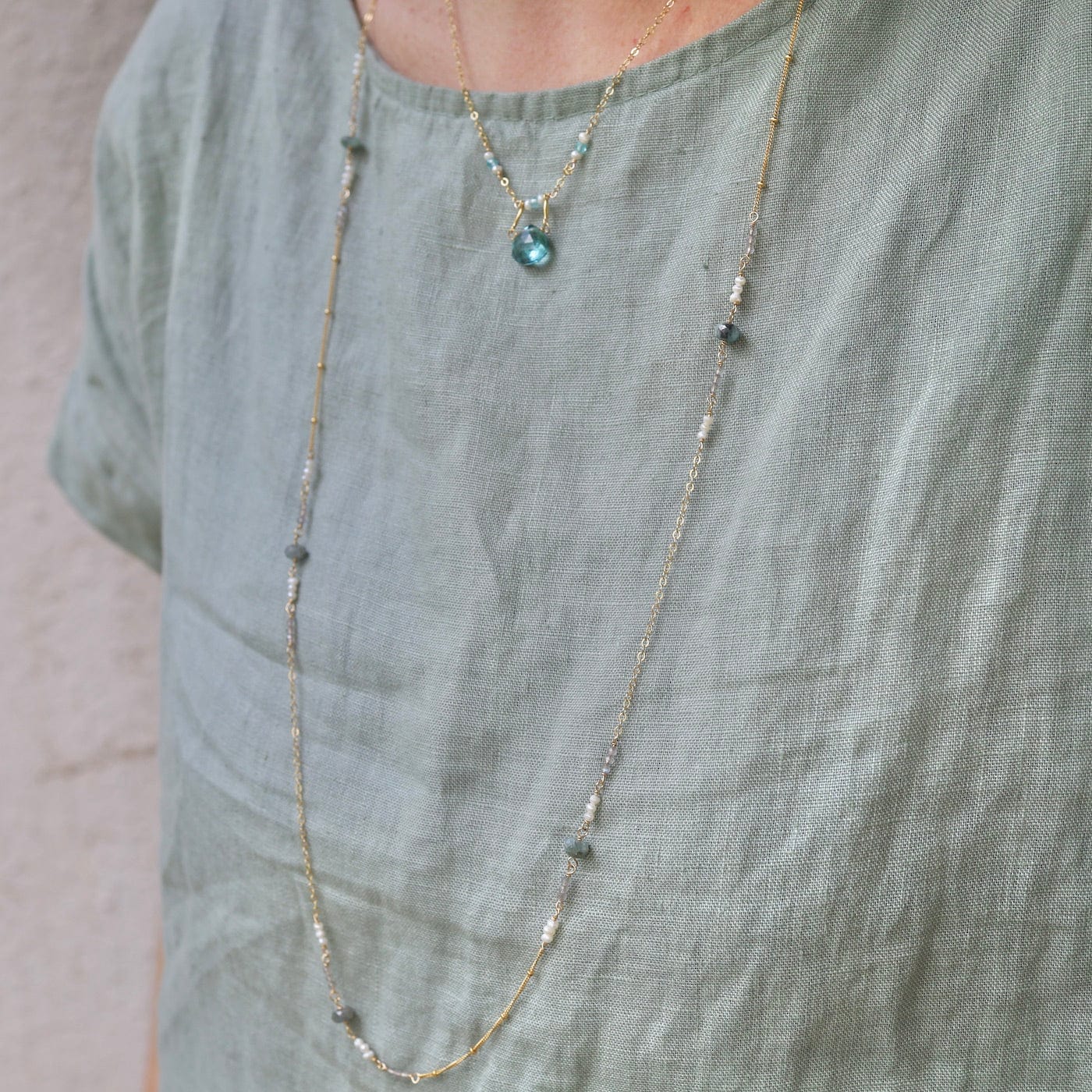 NKL-GF 36" Mixed Gold Filled Chain with Stations of Aquamarine Necklace
