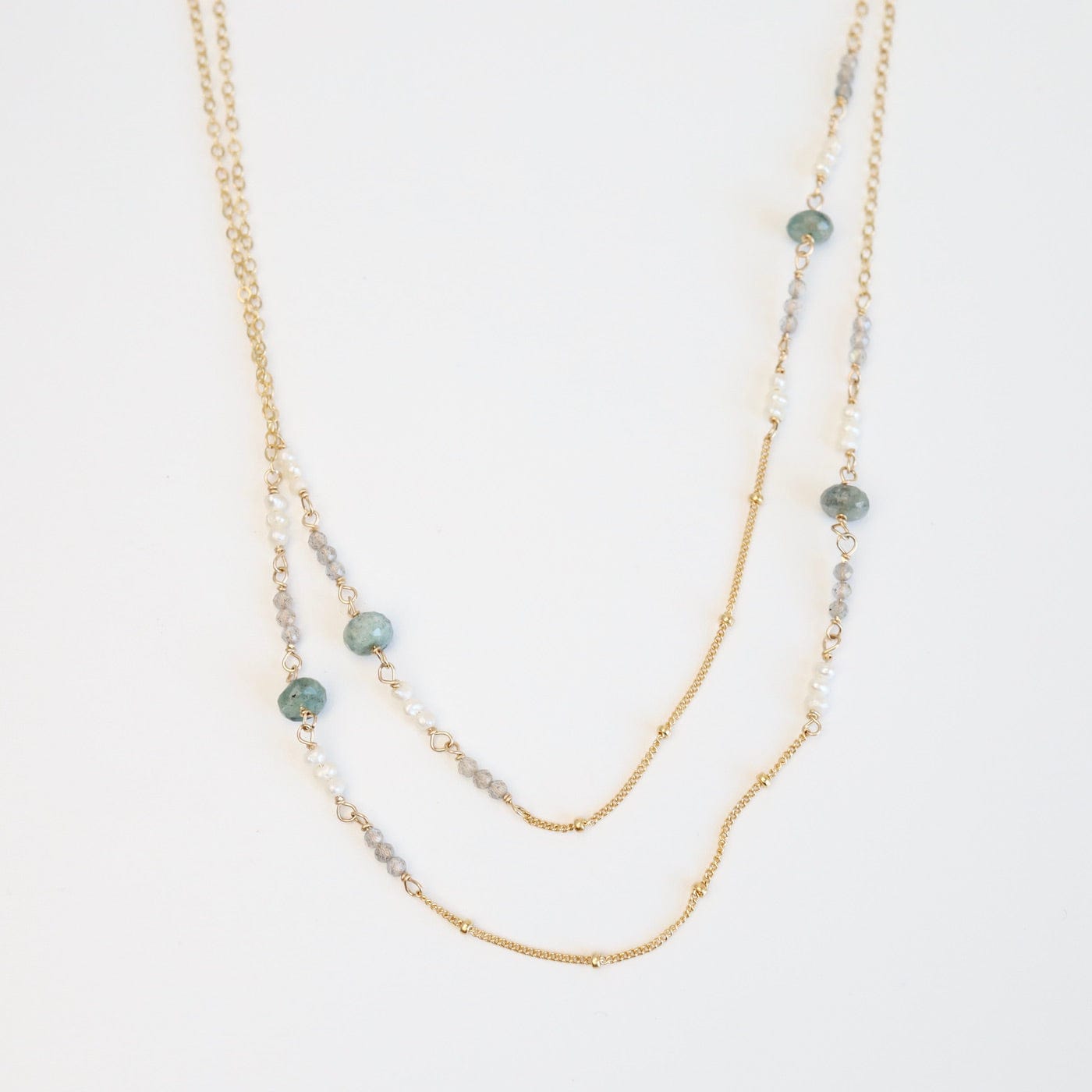 NKL-GF 36" Mixed Gold Filled Chain with Stations of Aquamarine Necklace