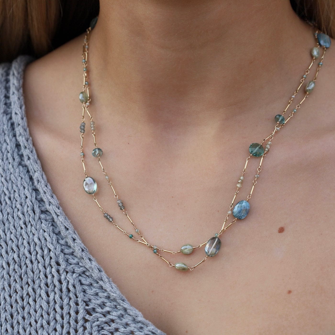 NKL-GF 40" Gold Filled Bar Link Chain with Stone Stations