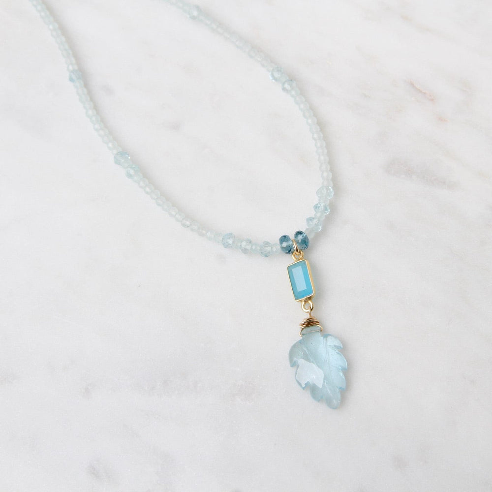 NKL-GF Apatite with Carved Blue Topaz Leaf Necklace