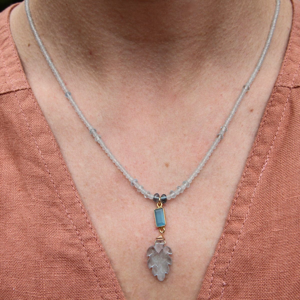 NKL-GF Apatite with Carved Blue Topaz Leaf Necklace