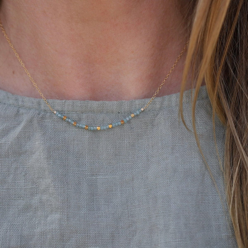 NKL-GF Aqua Blue Chalcedony & 18k Gold Vermeil Cubes Arc Necklace