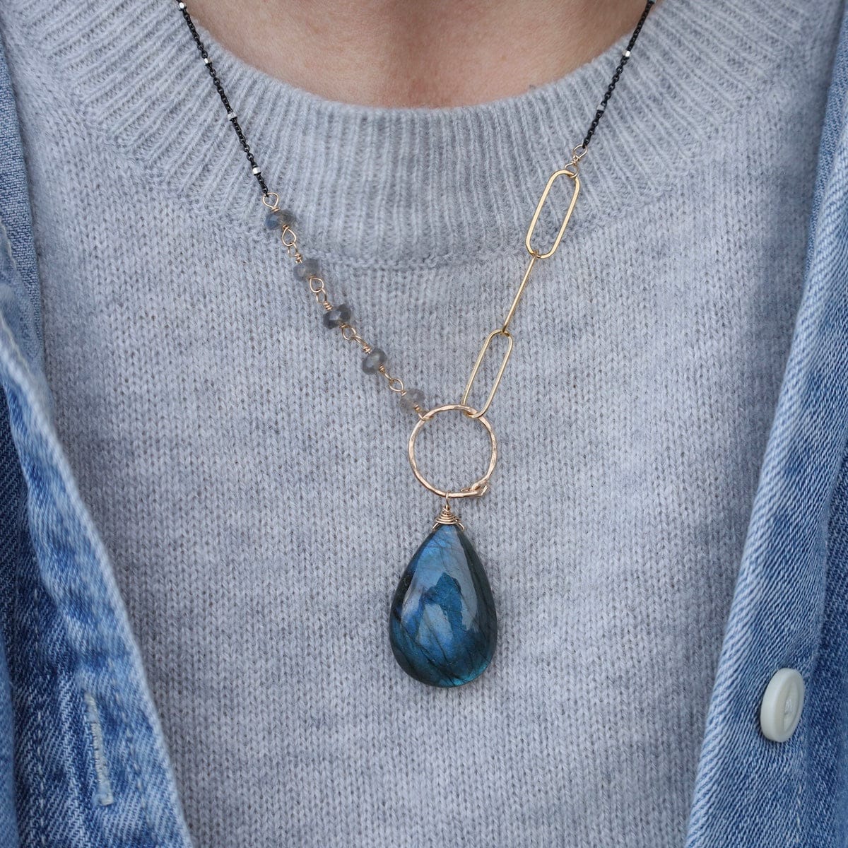 NKL-GF Asymetrical Mixed Metal Paperclip and Large Labradorite Necklace