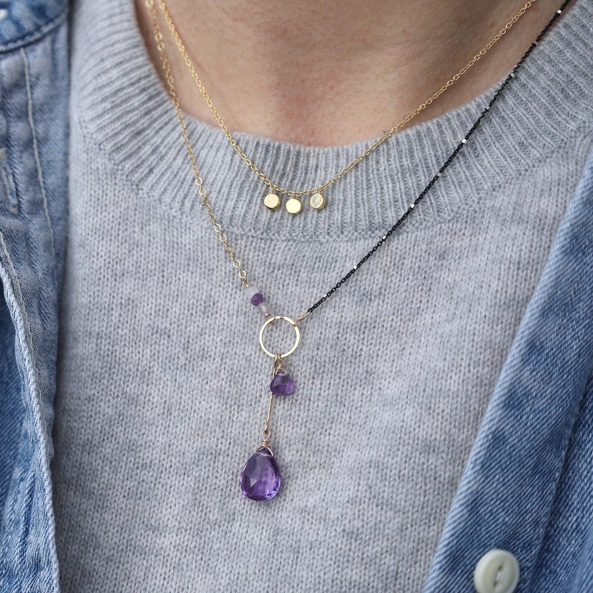 NKL-GF Asymmetrical Amethyst Mixed Gold Filled and Gunmetal Chain Necklace