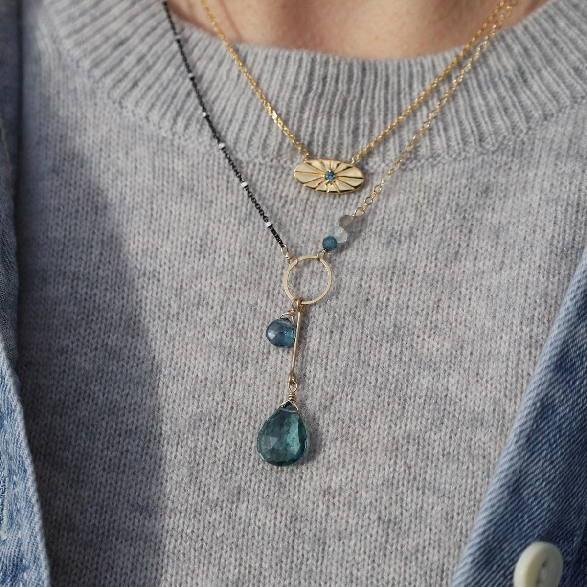 NKL-GF Asymmetrical Blue Mix Gold Filled and Gunmetal Chain Necklace