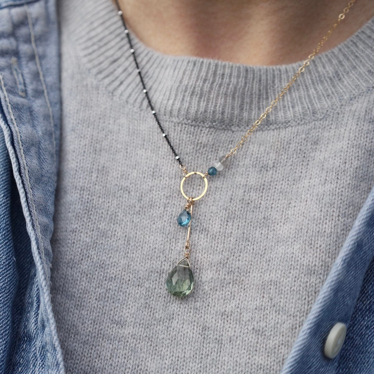 NKL-GF Asymmetrical Green Mix Gold Filled and Gunmetal Chain Necklace