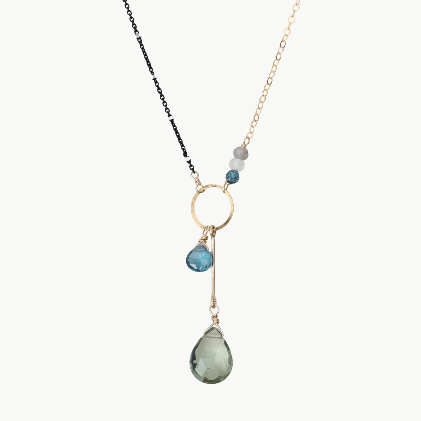 NKL-GF Asymmetrical Green Mix Gold Filled and Gunmetal Chain Necklace