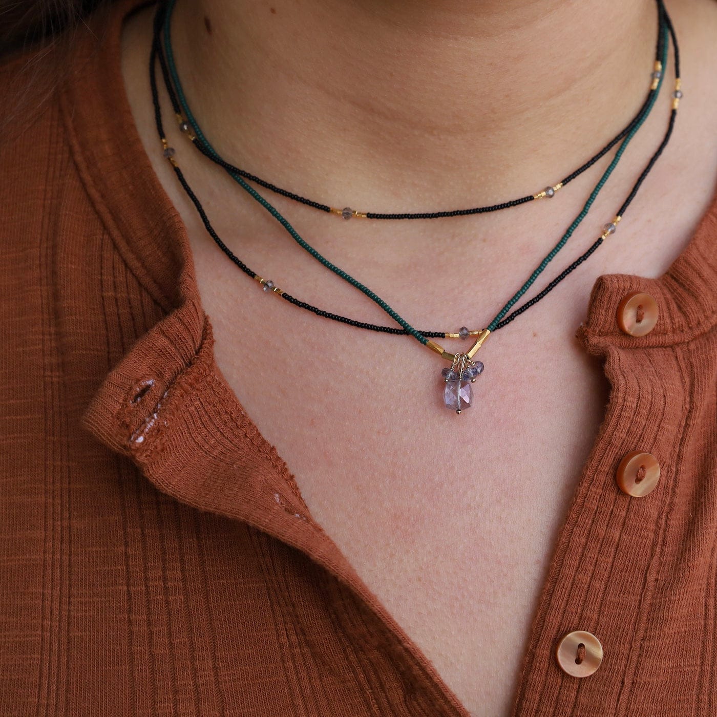 NKL-GF Black Seed Beads With Gold Vermeil Long Necklace