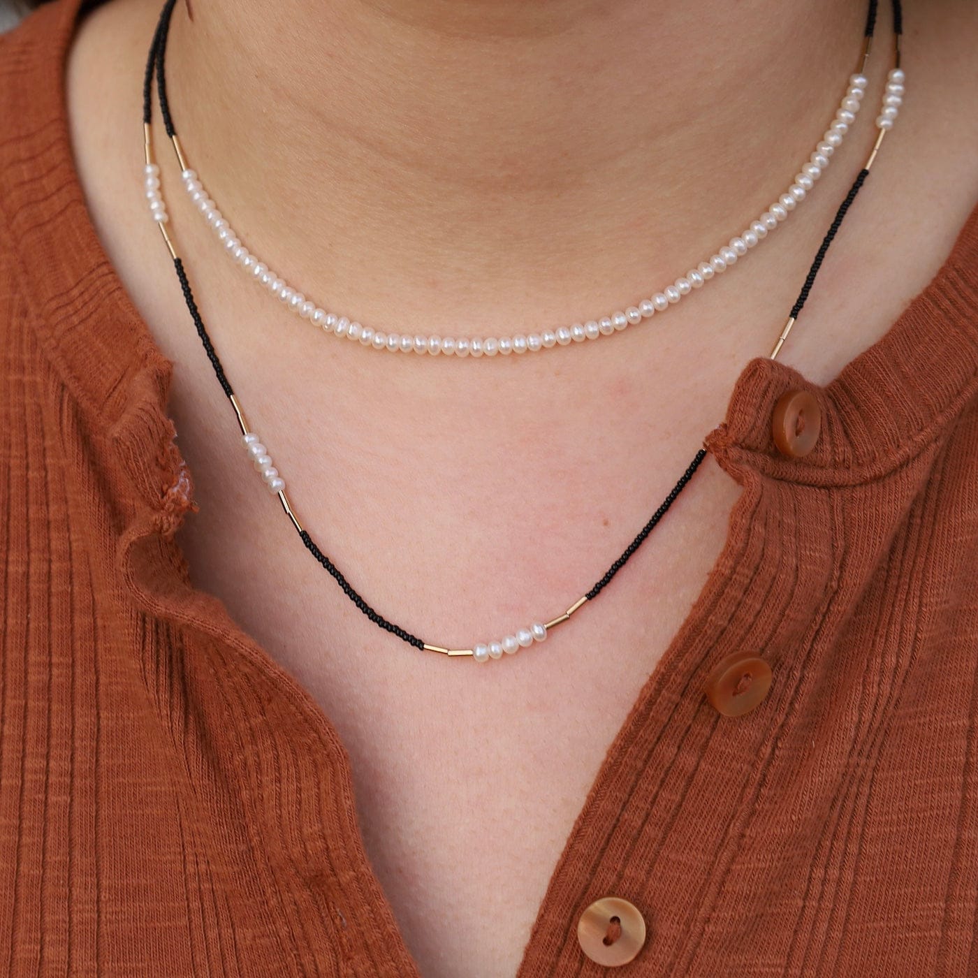 NKL-GF Black Seed Beads With Gold Vermeil & Pearl Necklace