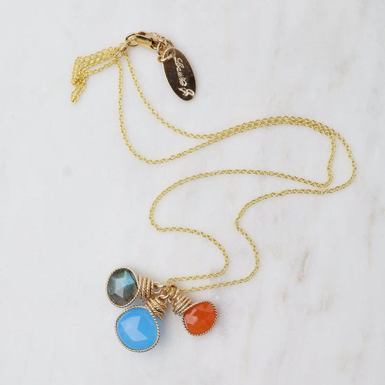 NKL-GF Braided Wrapped Charm Necklace with Labradorite, Blue Chalcedony, and Carnelian