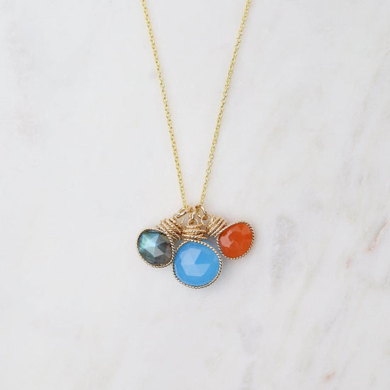 NKL-GF Braided Wrapped Charm Necklace with Labradorite, Blue Chalcedony, and Carnelian