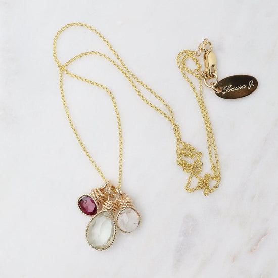 NKL-GF Braided Wrapped Charm Necklace with Rhodolite Garnet, Green Amethyst, and Moonstone