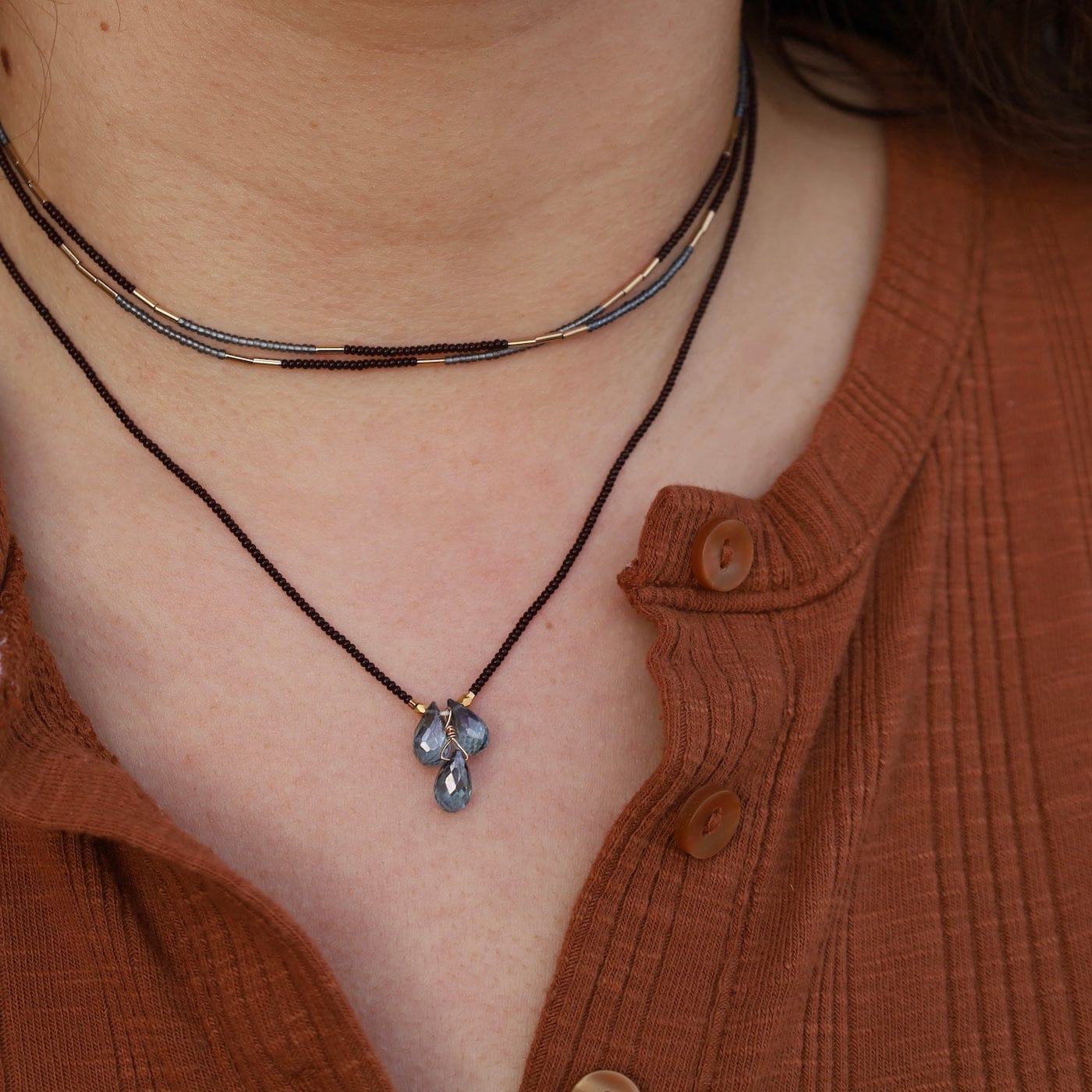 NKL-GF Brown & Grey Seed Beads Long Necklace