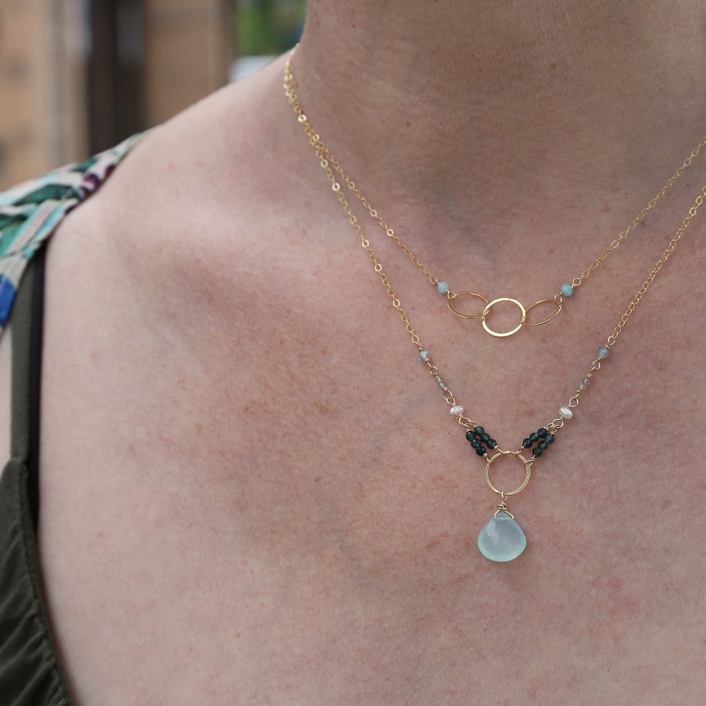 NKL-GF Chalcedony and London Blue Topaz Drop Necklace