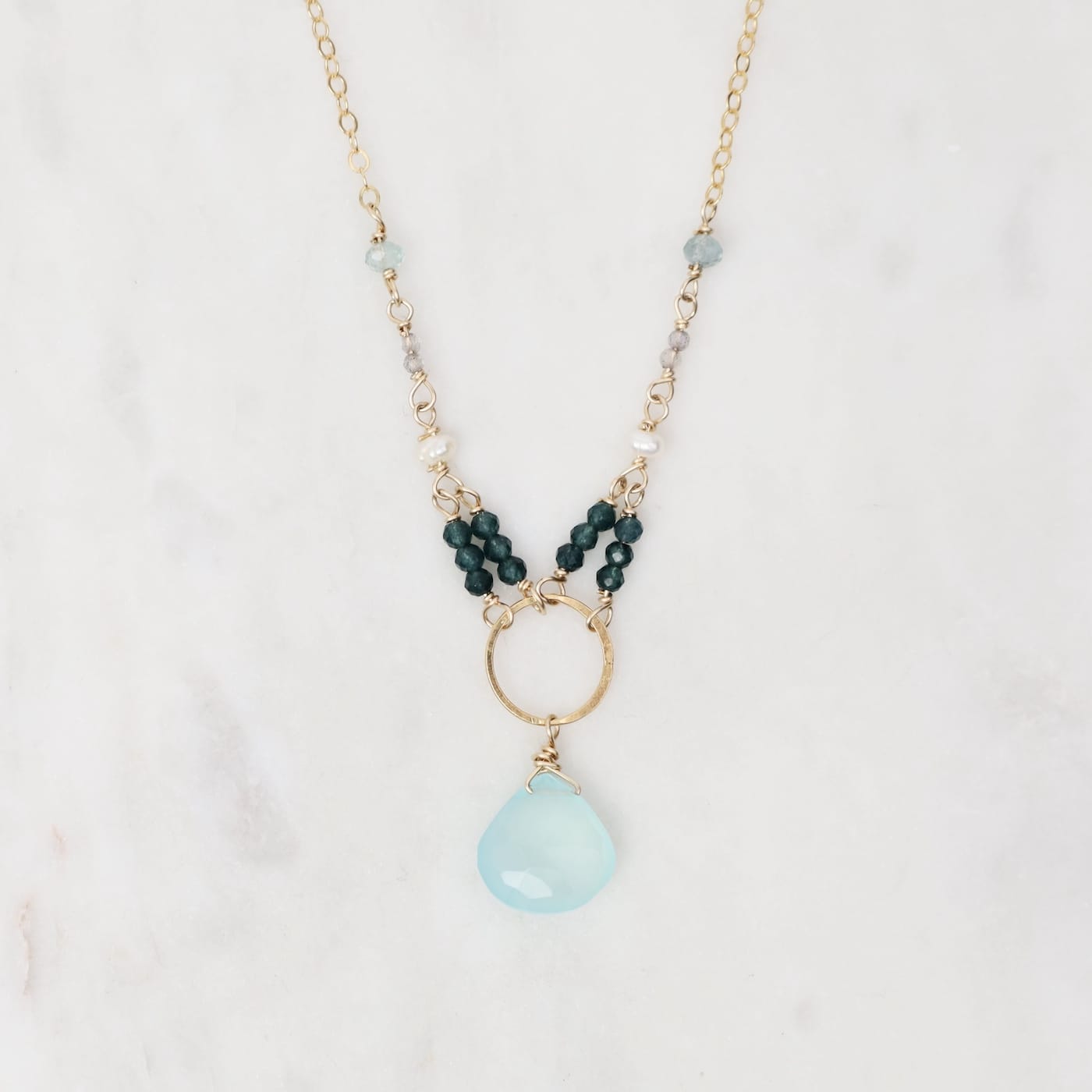 NKL-GF Chalcedony and London Blue Topaz Drop Necklace