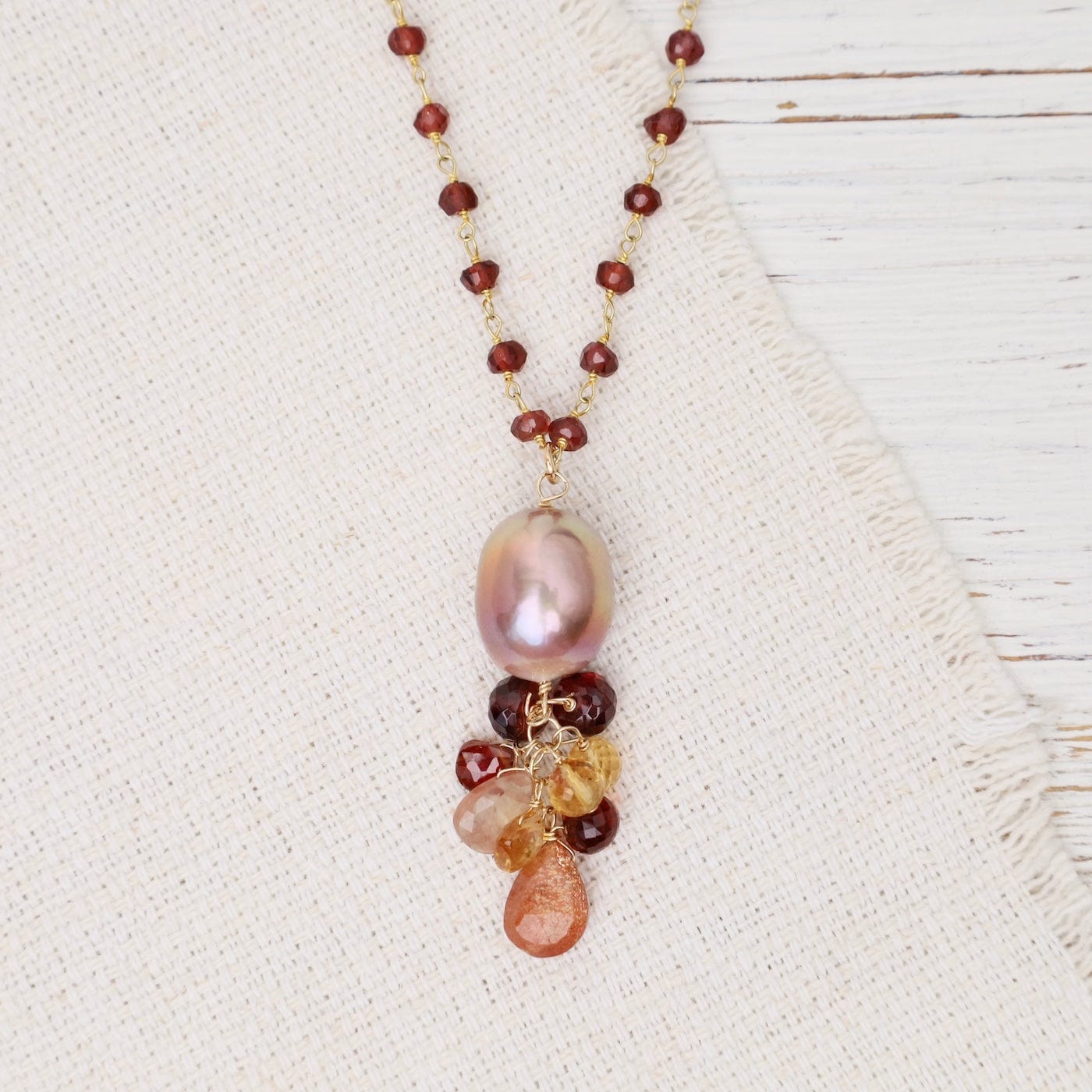 NKL-GF Champagne Edison pearl, sunstone, garnet, citrine,