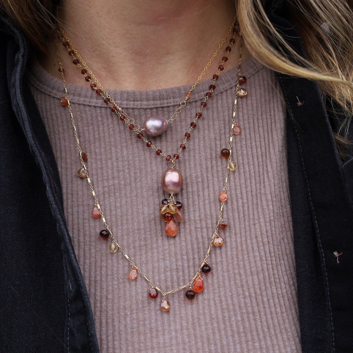 NKL-GF Champagne Edison pearl, sunstone, garnet, citrine,