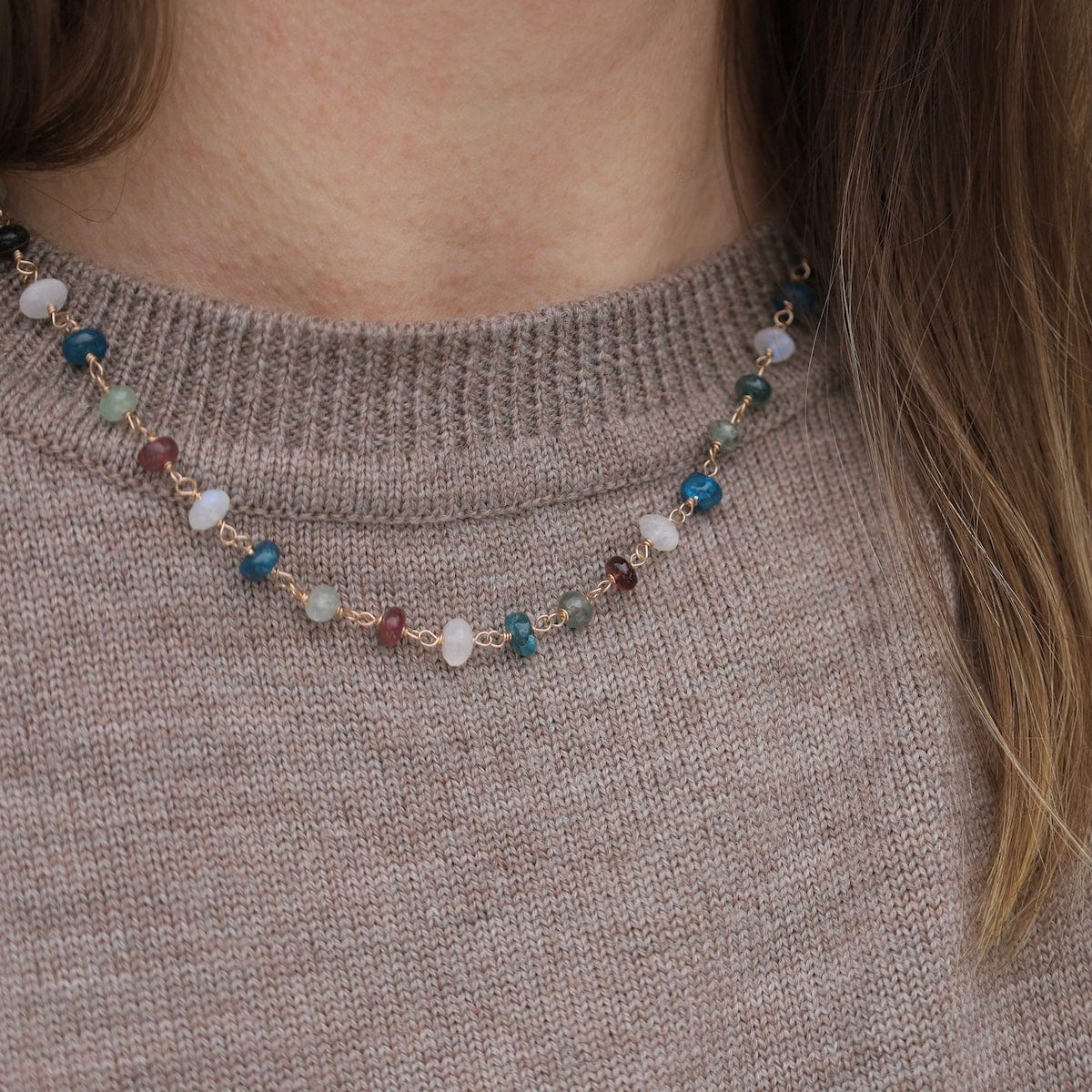 NKL-GF Chunky Apatite, Moonstone, Tourmaline Hand-tied Bead Chain Necklace