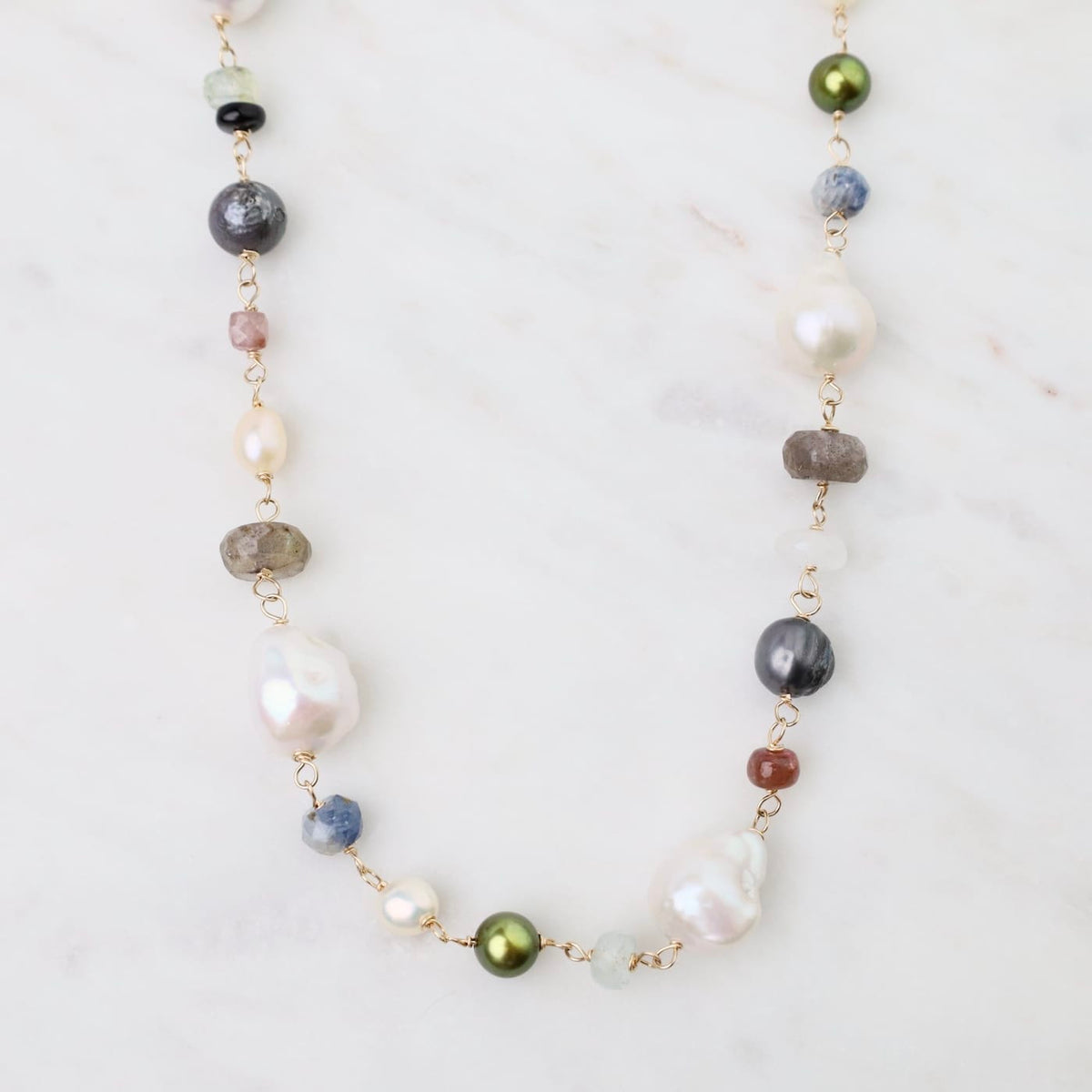 NKL-GF Chunky Baroque Pearl & Stone Station Necklace