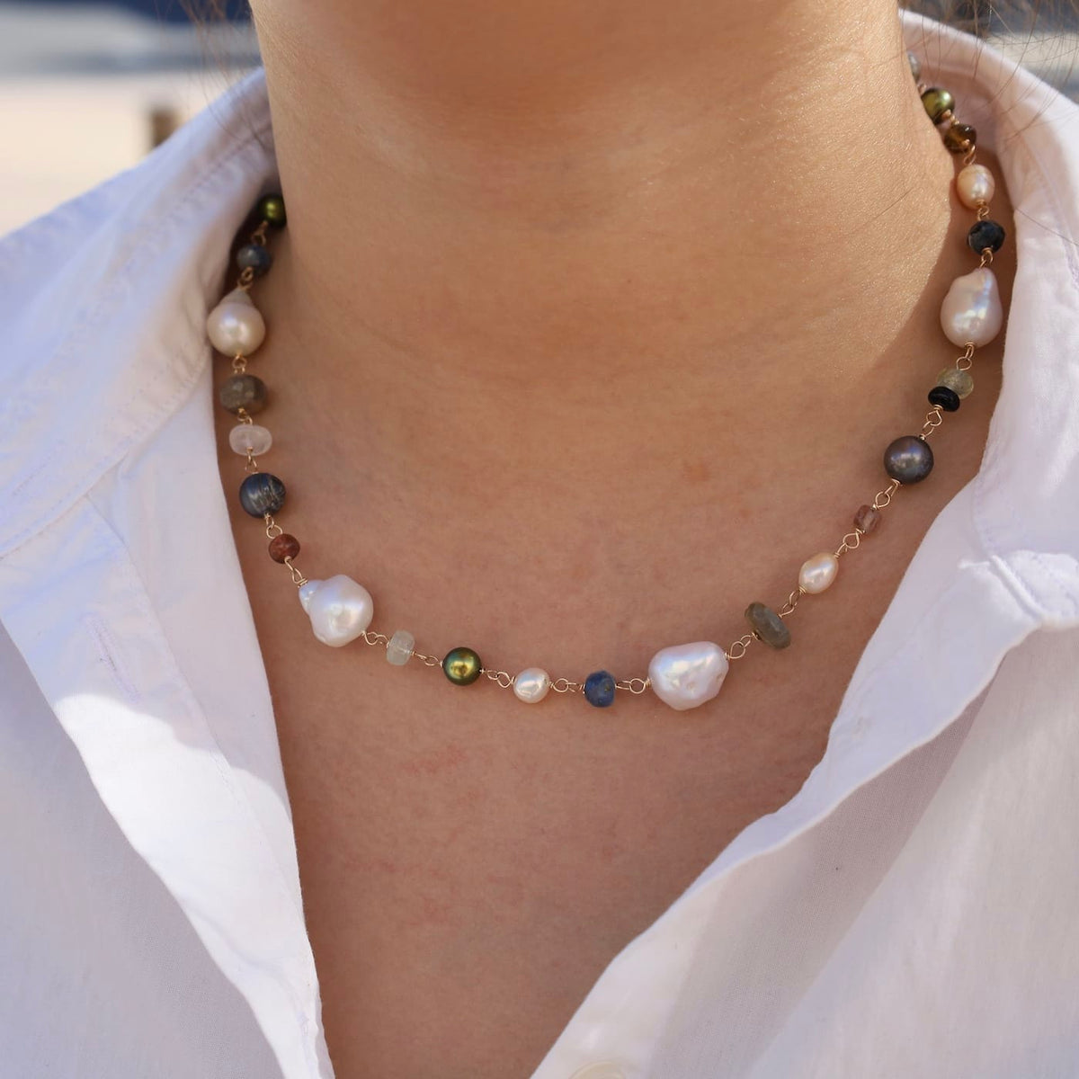NKL-GF Chunky Baroque Pearl & Stone Station Necklace