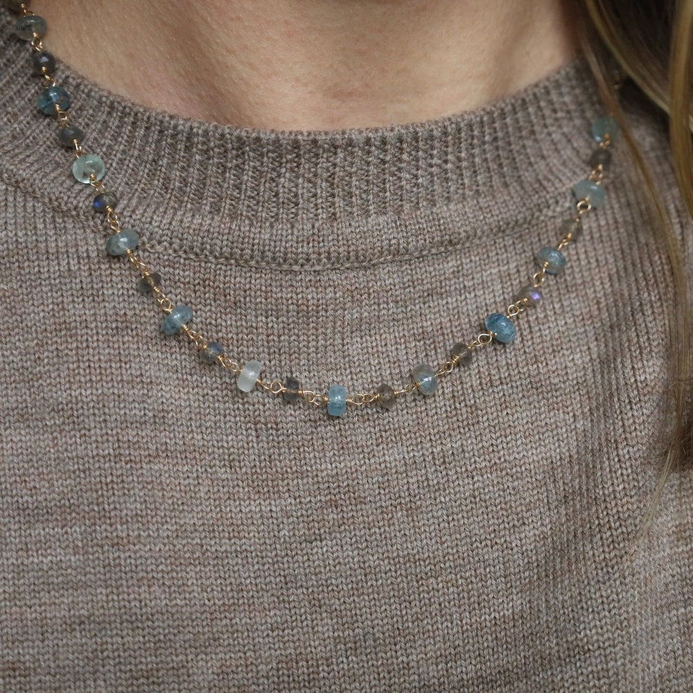 NKL-GF Chunky Labradorite & Aquamarine Hand-tied Bead Chain Necklace