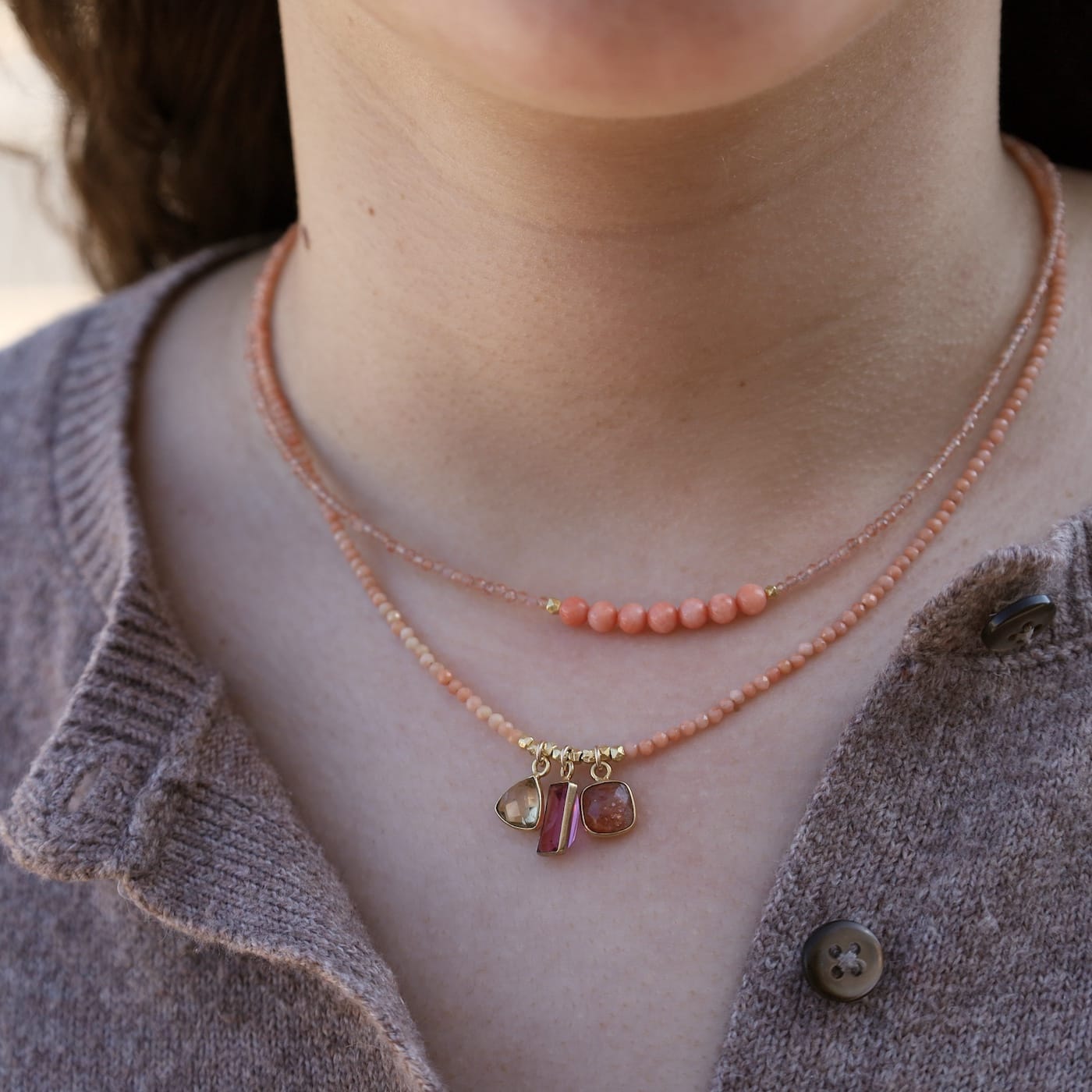 NKL-GF Citrine, Quartz, Sunstone Charms Pendant Necklace