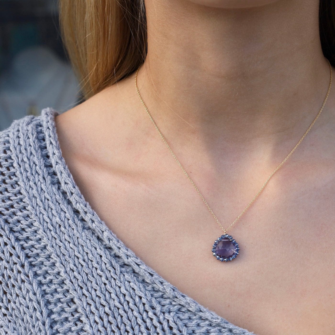 NKL-GF Darkened Silver Pendant Wrapped with Blue Crystals