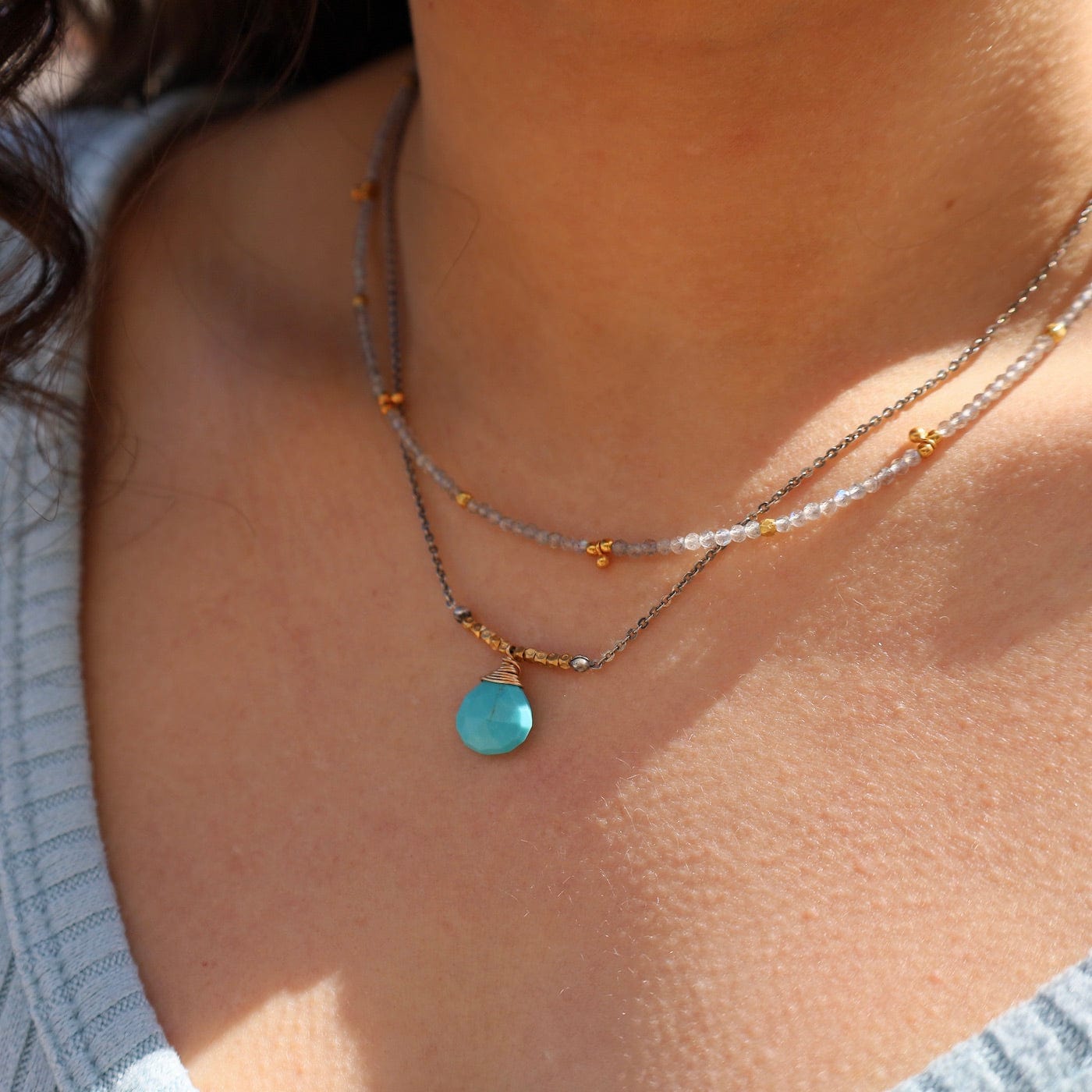 NKL-GF Faceted Turquoise Gold Filled Wrapped Pendant Necklace