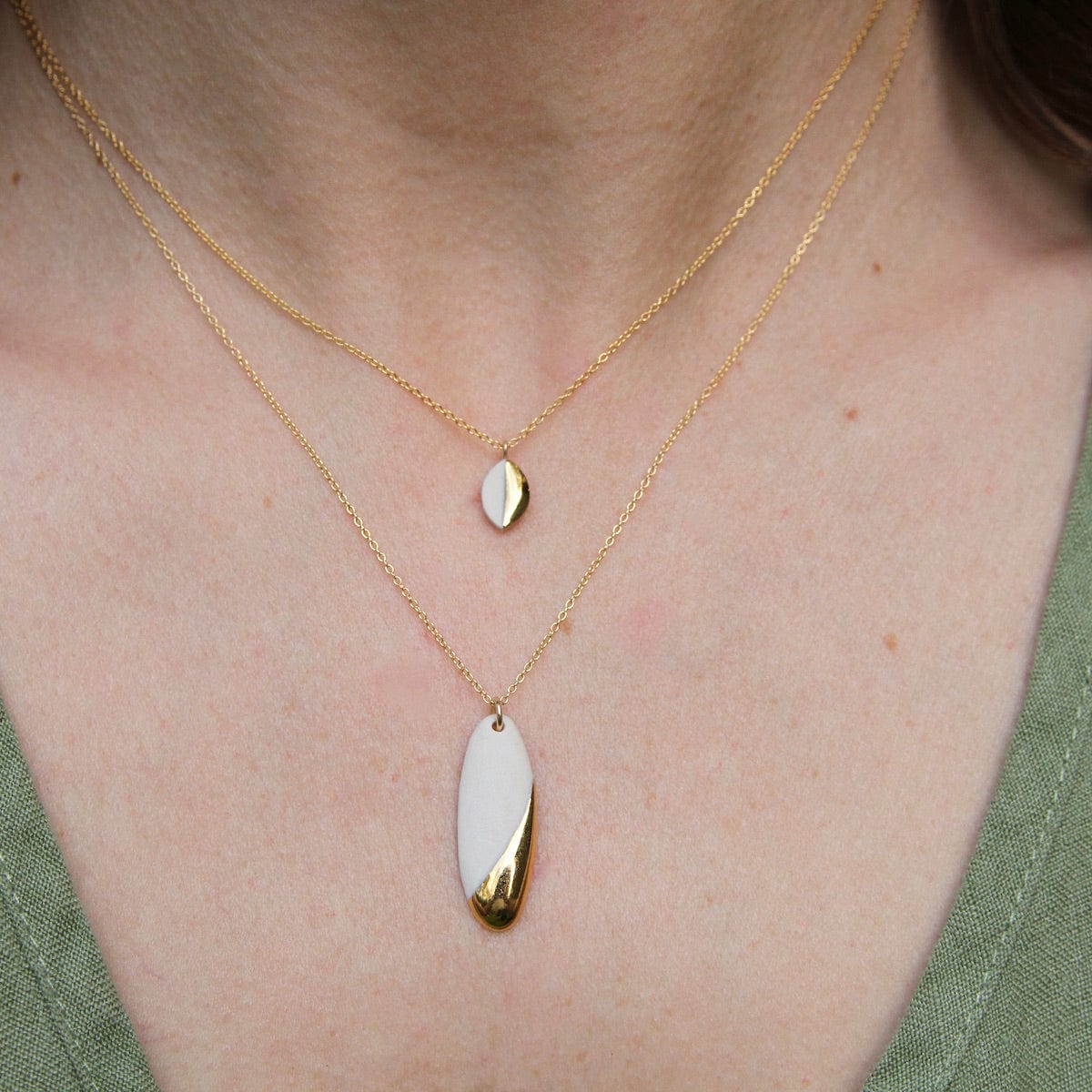 NKL-GF Gold Dipped Long Oval Necklace - White