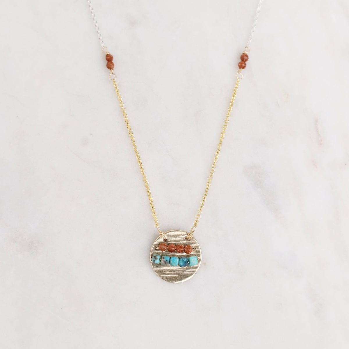 NKL-GF Gold Disc with Goldstone & Turquoise Necklace