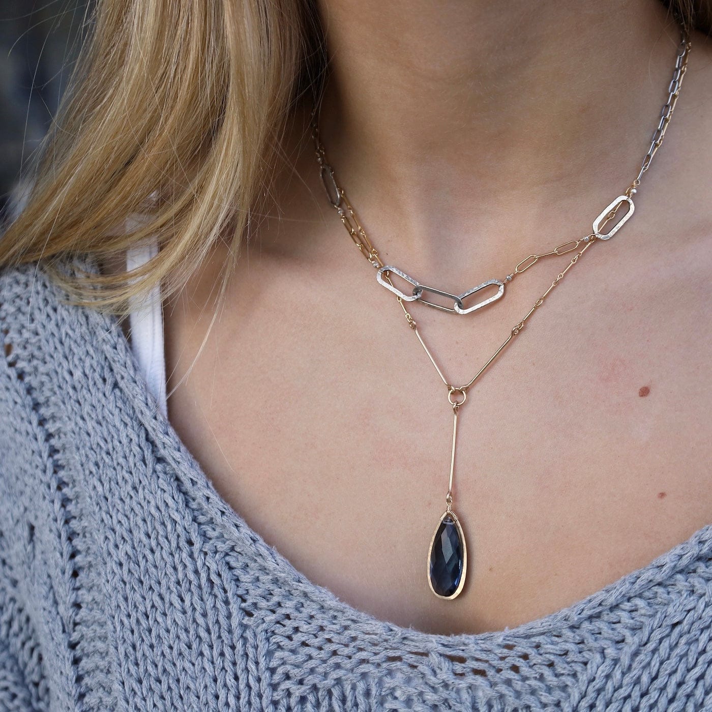 NKL-GF Gold Filled Bar Link & London Blue Quartz Necklace