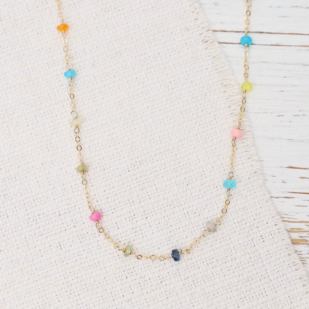 NKL-GF Gold Filled Cable Chain Dotted with Rainbow Opals