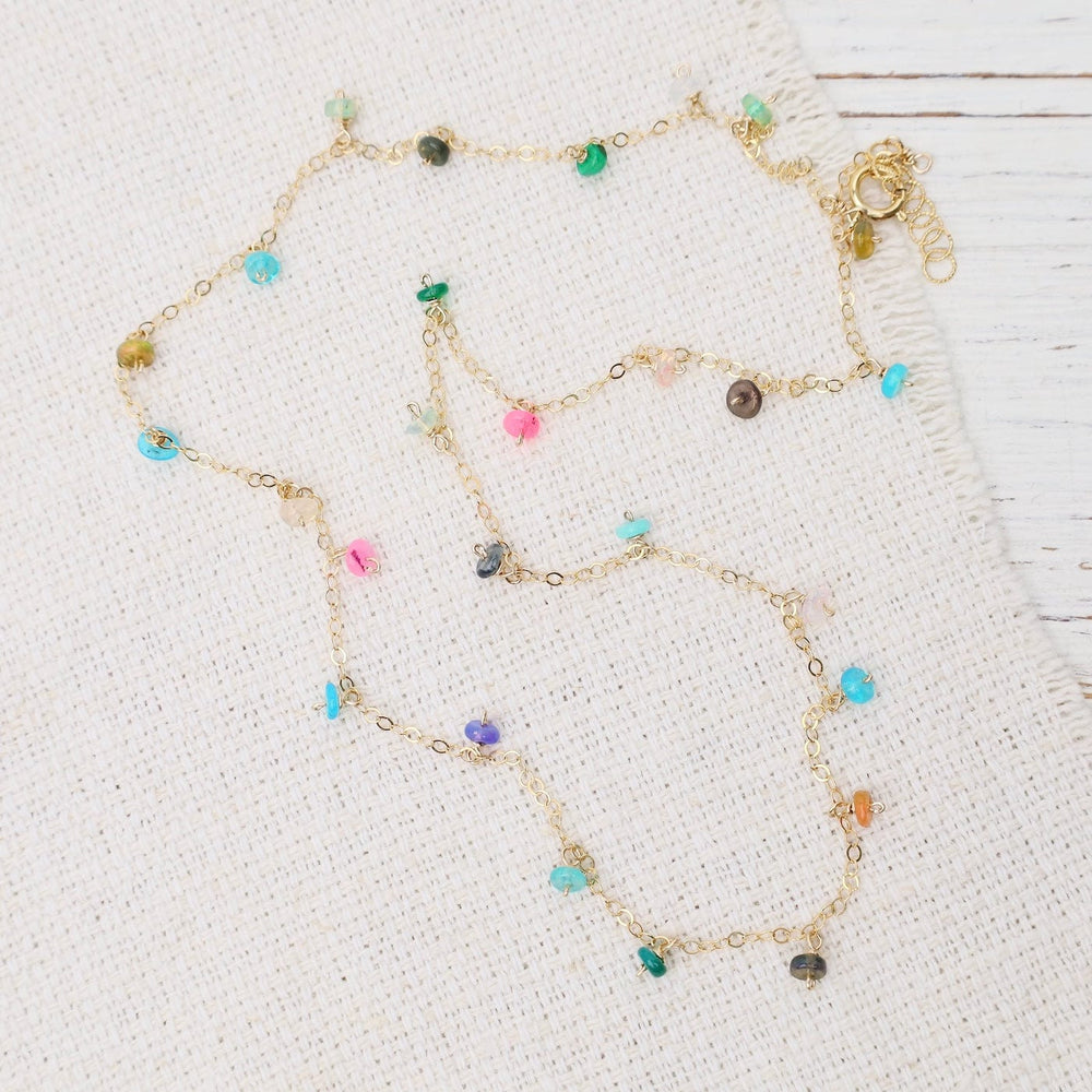 
                  
                    NKL-GF Gold Filled Cable Chain with Rainbow Opal Dangles
                  
                