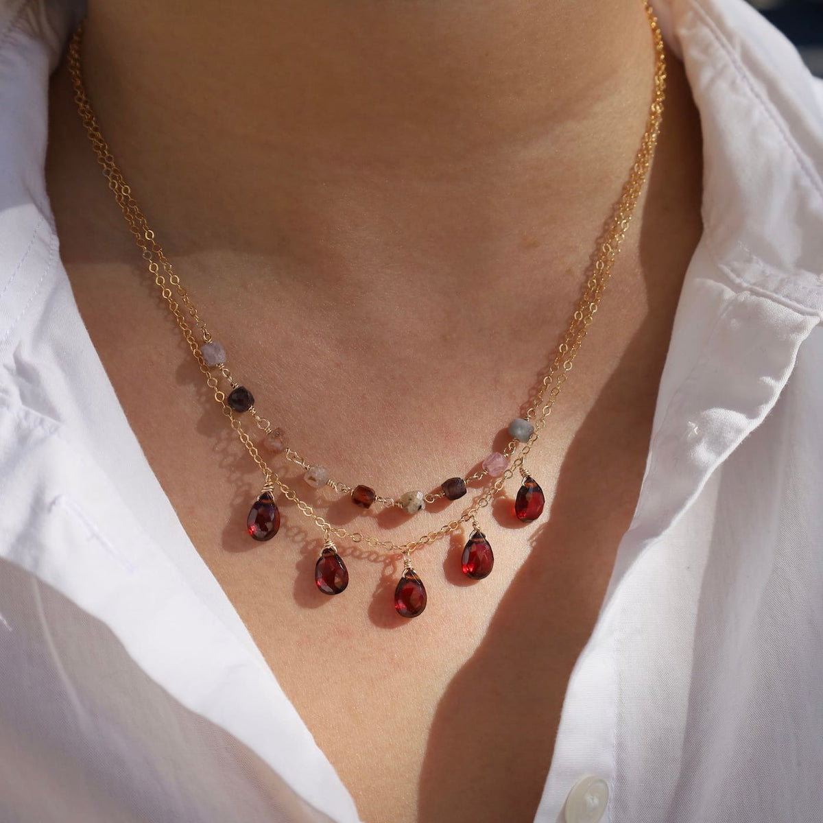 NKL-GF Gold Filled Chable Chain With 5 Garnet Drops Neckl