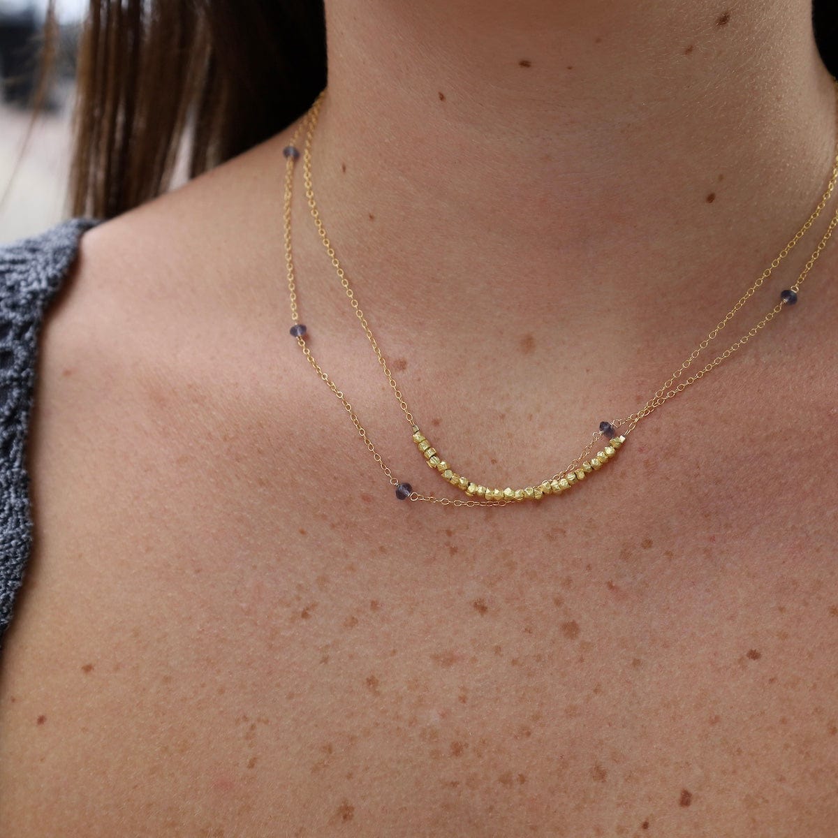 NKL-GF Gold Filled Chain with 5 Amethyst Gemstone Station Necklace
