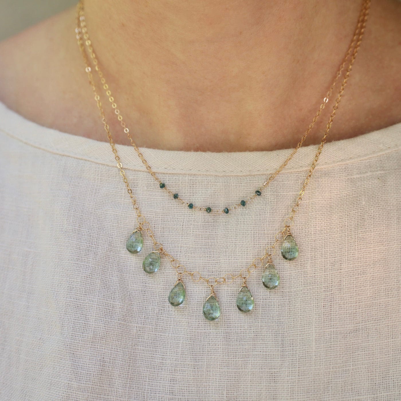 NKL-GF Gold Filled Chain with 7 Green Amethyst Drops  Necklace