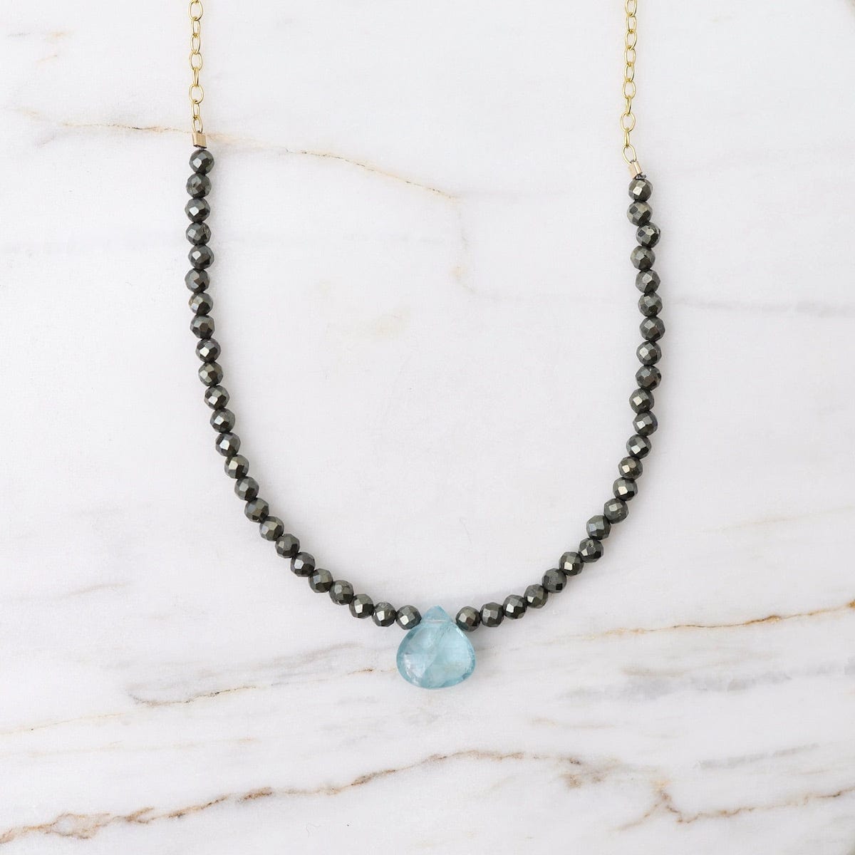 Pyrite Arc & Blue Topaz Briolette Drop Necklace – Dandelion Jewelry