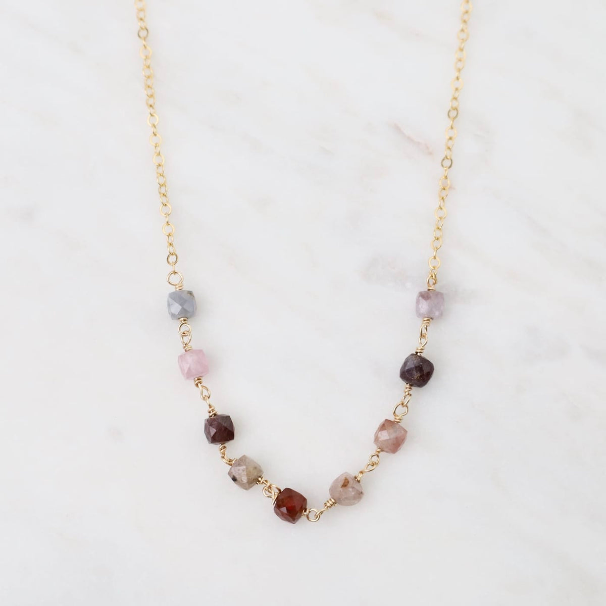 NKL-GF Gold Filled Chain With Handmade Bead Chain Of 9 Spinel Cubes