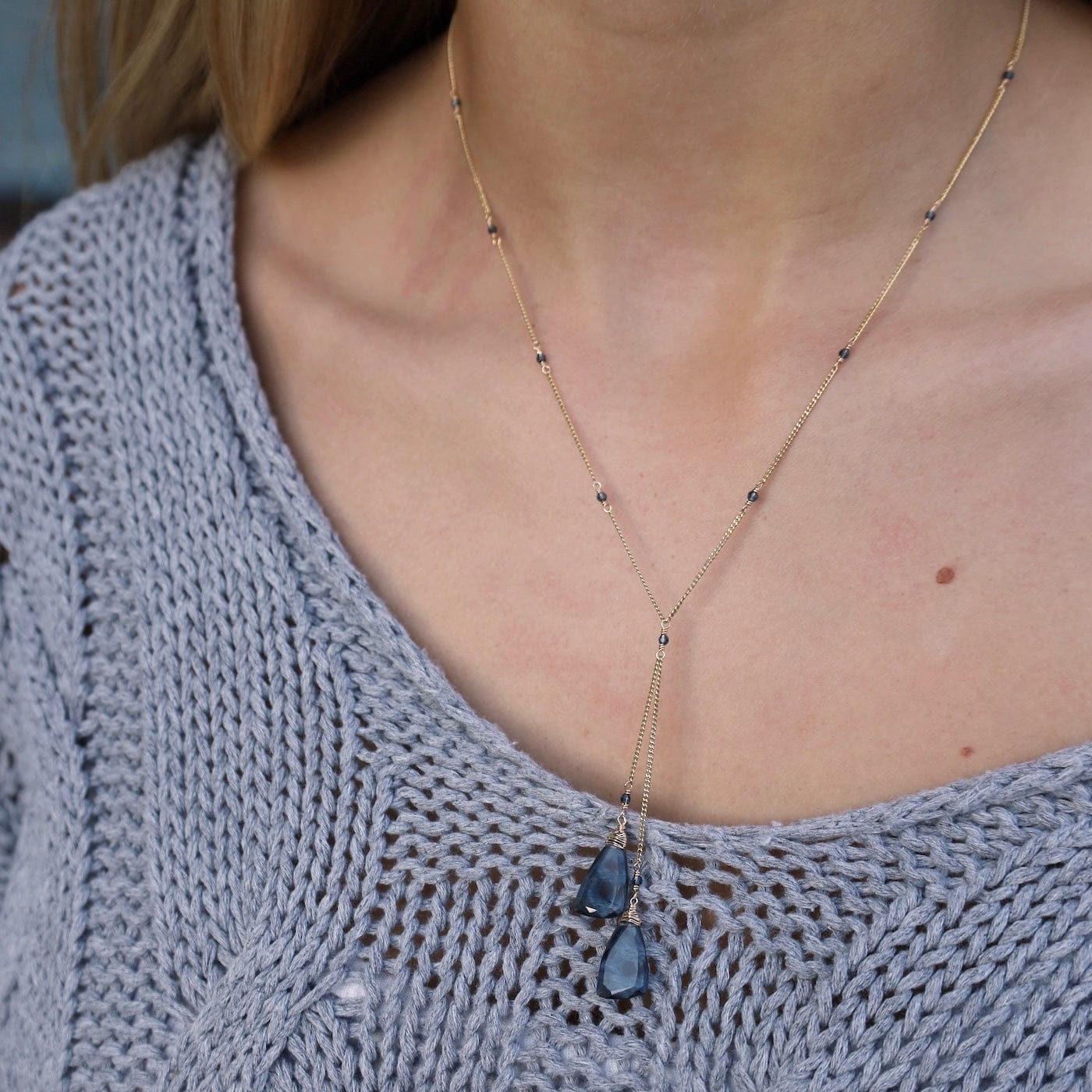 NKL-GF Gold Filled Double Lariat Drop with London Blue Qu