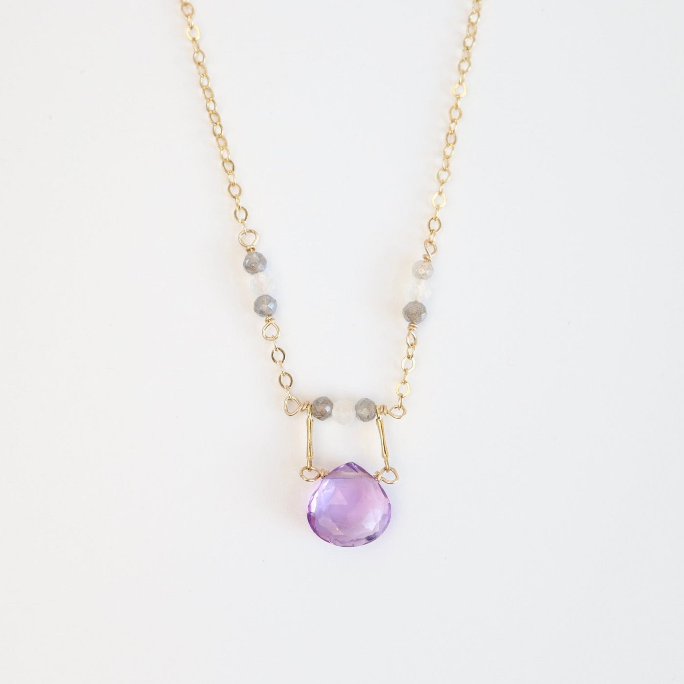 NKL-GF Gold Filled Drop Down Bar Link Pink Amethyst Necklace