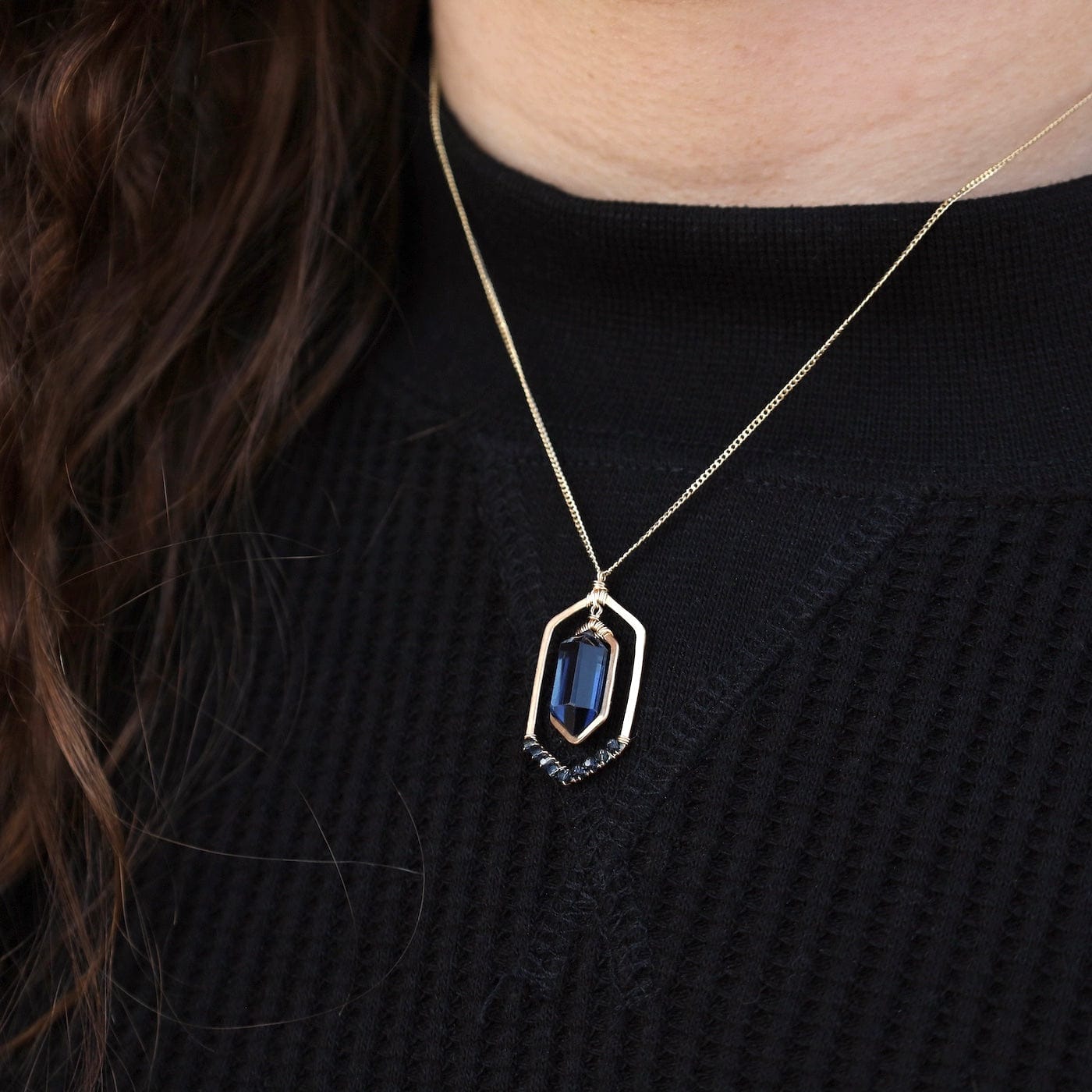 NKL-GF Gold Filled Elongated Hexagon with London Blue Qua